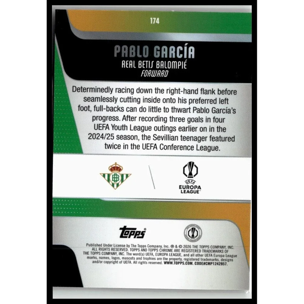 2025-26 Topps Chrome UEFA Pablo García #174 Betis X-Fractor Refractor Rookie